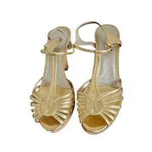 💥2/30 Franco Sarto gold metallic leather high wedges sandals sz 38
